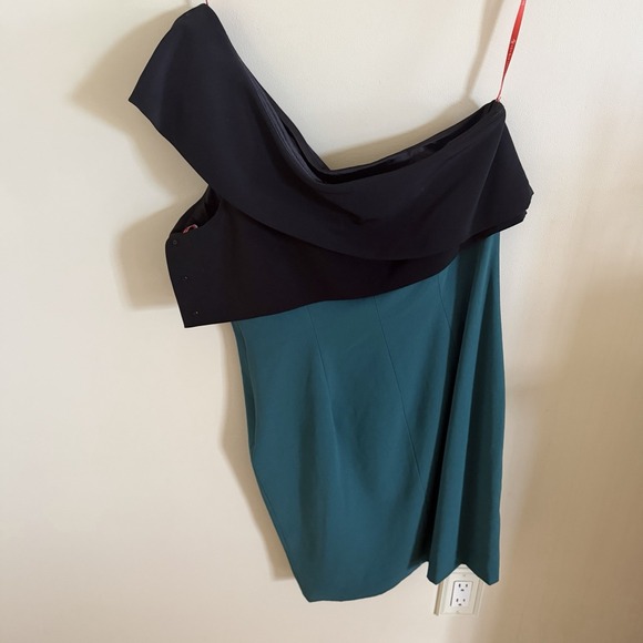 ML Monique LHuillier Off-Shoulder Midi Dress Green Black Sz 14  EUC Classic Mini - Picture 11 of 16